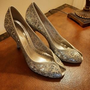 BCBG Girls Silver Leather Peep Toe Pumps